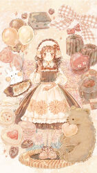 Rule 34 | 1girl, animal print, apron, balloon, bear print, blush, blush stickers, brown bear, brown dress, brown footwear, brown hair, brown ribbon, brown skirt, candy, checkerboard cookie, chocolate, chocolate heart, closed mouth, collared shirt, cookie, curly hair, dress, eyelashes, floral print, flower, food, full body, gingham, hairband, heart, highres, holding, holding balloon, holding stuffed toy, hugging object, looking at viewer, momochy, original, oversized food, oversized object, pastry, peter pan collar, pinafore dress, pink background, pink flower, print hairband, pudding, ribbon, shirt, shoes, signature, skirt, sleeveless, sleeveless dress, sleeves past elbows, smile, solo, standing, stuffed toy, waist apron, white apron, white hairband, white rabbit (animal), white ribbon, white shirt