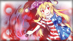 Rule 34 | 1girl, american flag dress, american flag legwear, blonde hair, breasts, chinese commentary, clownpiece, commentary request, cowboy shot, dress, guozimiao, hair between eyes, hat, highres, holding, holding torch, jester cap, long hair, looking at viewer, neck ruff, open mouth, pantyhose, polka dot headwear, purple hat, red eyes, shadow, short dress, short sleeves, small breasts, smile, solo, star (symbol), star print, striped clothes, striped dress, striped pantyhose, torch, touhou, very long hair
