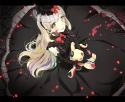 Rule 34 | 1girl, bad id, bad pixiv id, black dress, blonde hair, blood, blood splatter, dress, elbow gloves, from above, gloves, gothic lolita, hat, letterboxed, lolita fashion, long hair, looking at viewer, looking up, mayu (vocaloid), multicolored hair, pale skin, smile, solo, stuffed animal, stuffed rabbit, stuffed toy, ume (plumblossom), usano mimi, vocaloid, yandere