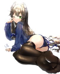 Rule 34 | 1girl, ass, black hair, black thighhighs, blue one-piece swimsuit, blue sweater, foreshortening, full body, green eyes, grey neckwear, hair ribbon, headgear, i-47 (kancolle), kantai collection, long hair, looking at viewer, looking back, low-tied long hair, lying, official alternate costume, one-piece swimsuit, one eye closed, oriharaizaya819, ribbon, sailor collar, school swimsuit, solo, sweater, swimsuit, swimsuit under clothes, tears, thighhighs, tress ribbon, white sailor collar