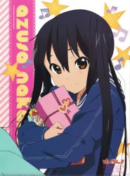 Rule 34 | 1girl, absurdres, animage, black hair, blush, candy, copyright name, english text, food, gift, highres, horiguchi yukiko, k-on!, long hair, looking at viewer, nakano azusa, official art, scan, smile, solo, sportswear, twintails, very long hair
