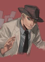 Rule 34 | 1boy, alto clef, assa, blonde hair, blue eyes, green eyes, hat, heterochromia, male focus, necktie, parted lips, red background, scp foundation, solo