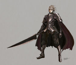 Rule 34 | 1boy, absurdres, armor, breastplate, cape, chainmail, closed mouth, fantasy, gauntlets, greaves, grey background, grey hair, hair between eyes, highres, holding, holding sword, holding weapon, huge weapon, male focus, original, palow, pauldrons, purple eyes, shoulder armor, signature, simple background, solo, sword, torn, torn cape, torn clothes, vambraces, weapon