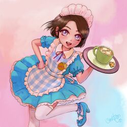 Rule 34 | 1girl, acorn, anklet, apron, blue apron, blue dress, blue eyes, bow, brown hair, coffee, coffee mug, commentary request, cookie, cup, dress, food, footwear bow, hand on own hip, heart, heart-shaped pupils, high heels, highres, holding, holding tray, jewelry, junya17live, latte art, maid, maid headdress, medium dress, mug, multicolored eyes, name tag, open mouth, original, plaid, plaid apron, puffy short sleeves, puffy sleeves, purple eyes, short hair, short sleeves, signature, smile, solo, standing, standing on one leg, steam, symbol-shaped pupils, symbol in eye, thighhighs, tray, white thighhighs