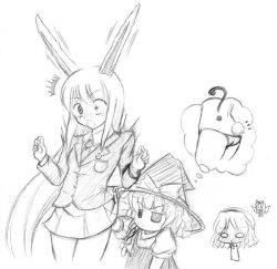 Rule 34 | 3girls, alice margatroid, animal ears, artist request, female focus, greyscale, hat, kirisame marisa, lifting another&#039;s clothes, monochrome, multiple girls, rabbit ears, reisen udongein inaba, sketch, tail, touhou, witch hat