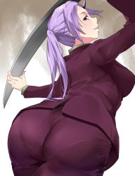 Rule 34 | 1girl, arms up, ass, bakkanki, black horns, breasts, formal, from behind, holding, holding weapon, horn, horns, huge ass, large breasts, long hair, looking at viewer, looking back, office lady, oni, oni girl, oni horn, oni horns, open mouth, pants, pantylines, parted lips, ponytail, purple eyes, purple hair, scimitar, shion (tensei shitara slime datta ken), sideboob, single horn, skin tight, smile, solo, suit, sword, teeth, tensei shitara slime datta ken, upper teeth only, weapon