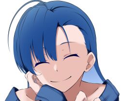 Rule 34 | 1girl, ^ ^, ado (utaite), ahoge, blue hair, blue sweater, closed eyes, closed mouth, collarbone, commentary, facing viewer, head rest, long hair, long sleeves, merry (ado), nori (norinori yrl), readymade (ado), simple background, smile, solo, sweater, white background