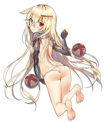 Rule 34 | 1girl, ass, bad id, bad pixiv id, barefoot, blonde hair, blue eyes, breasts, crossed bangs, from behind, full body, g41 (girls&#039; frontline), girls&#039; frontline, hair over breasts, hair over one breast, heterochromia, kurut, long hair, looking at viewer, looking back, mechanical arms, panties, red eyes, revision, simple background, small breasts, solo, thighs, topless, underwear, white background, white panties