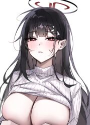 Rule 34 | 1girl, absurdres, black hair, blue archive, blush, breasts, cleavage, hair ornament, hairpin, halo, highres, large breasts, long hair, long sleeves, looking at viewer, open mouth, raki kr, red eyes, ribbed sweater, rio (blue archive), simple background, solo, sweater, upper body, white background, white sweater