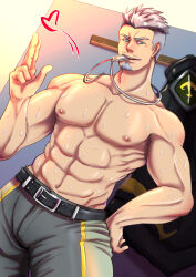 Rule 34 | 1boy, aa26748374, abs, bara, belt, biceps, biting, coat, unworn coat, dog tags, feet out of frame, green eyes, grey hair, gyee, highres, leather, leather belt, male focus, manly, mature male, miles (gyee), muscular, muscular male, nipples, pants, pectorals, short hair, smile, solo, spiked hair, sweat, sweatdrop, teeth, topless male, track pants, undercut