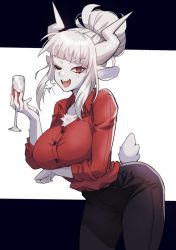 Rule 34 | 1girl, ;d, animal ears, black pants, blunt bangs, blush, breasts, closed mouth, collarbone, collared shirt, cowboy shot, cup, demon girl, demon horns, dress shirt, drinking glass, furry, furry female, goat ears, goat girl, goat tail, helltaker, holding, holding cup, horns, jagaimo (kkamja), large breasts, leaning forward, long sleeves, looking at viewer, lucifer (helltaker), makeup, mole, mole under eye, one eye closed, open mouth, pants, pointy ears, red eyes, red shirt, shirt, sidelocks, slit pupils, smile, solo, tail, teeth, upper teeth only, white background, white fur, white hair, white horns, wine glass, wings