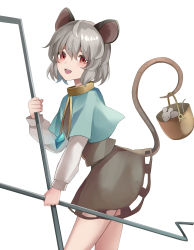 Rule 34 | 1girl, absurdres, animal, animal ears, black skirt, black vest, blue capelet, blush, capelet, dowsing rod, grey hair, hair between eyes, highres, holding, jewelry, koizumo, long sleeves, mouse (animal), mouse ears, mouse tail, nazrin, open mouth, pendant, red eyes, short hair, simple background, skirt, smile, solo, tail, touhou, vest, white background