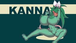 Rule 34 | 1girl, ;), absurdres, angstrom, barefoot, blaster master zero, blaster master zero 2, blush stickers, breasts, cleft of venus, colored nipples, colored skin, feet, flower, green nipples, green skin, highres, huge breasts, kanna (blaster master zero), monster girl, navel, nipples, nude, one eye closed, plant girl, puffy nipples, pussy, sitting, smile, tail