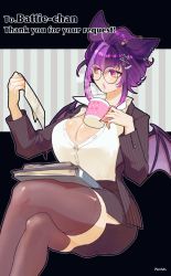 Rule 34 | 1girl, animal ears, bat wings, black thighhighs, breasts, cat ears, cleavage, cup, hair ornament, highres, holding, holding paper, huge breasts, jacket, looking to the side, nail polish, office lady, on head, paper, papers, pen, pencil skirt, peritotoo, pink eyes, purple hair, skirt, star (symbol), star hair ornament, suit jacket, thighhighs, wings