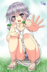 Rule 34 | 1girl, alternate costume, bare legs, bare shoulders, collarbone, female focus, grey eyes, highres, izayoi sakuya, no headwear, open mouth, outstretched hand, panties, pantyshot, sandals, short hair, silver hair, smile, solo, squatting, striped clothes, striped panties, touhou, umyonge (lkakeu), underwear, upskirt