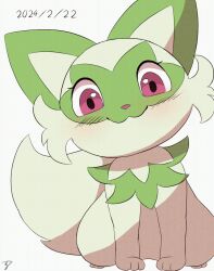 Rule 34 | :3, animal ears, animated, animated gif, artist request, blush, cat, cat ears, cat tail, creatures (company), dated, eyelashes, game freak, green fur, looking at viewer, nintendo, nose, open mouth, pink eyes, pokemon, pokemon (creature), signature, simple background, sitting, smile, solo, sprigatito, tail, tail wagging, tongue, white background