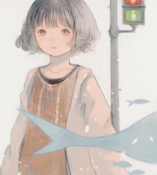 Rule 34 | 1girl, bob cut, commentary request, fish, flying fish, grey eyes, grey hair, highres, jacket, light particles, open clothes, open jacket, orie h, original, parted lips, short hair, traffic light, upper body