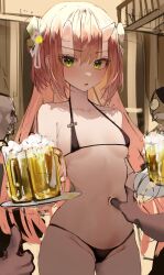 Rule 34 | 1girl, absurdres, alcohol, areola slip, armpit crease, bare arms, bare legs, beer, beer mug, bikini, black bikini, collarbone, commentary request, cup, flower, foam, green eyes, hair flower, hair ornament, hand on another&#039;s stomach, highres, holding, holding tray, horns, indoors, korean commentary, long hair, looking at viewer, micro bikini, mug, navel, oni, oni horns, open mouth, original, pink hair, solo focus, stomach, swimsuit, tavern, tray, very long hair, yonchan