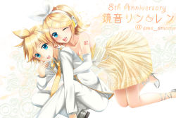 Rule 34 | 1boy, 1girl, anniversary, bad id, bad pixiv id, blonde hair, blue eyes, breasts, brother and sister, character name, cleavage, dress, elbow gloves, gloves, hair ribbon, hairband, headset, high heels, highres, kagamine len, kagamine rin, necktie, omoomomo, one eye closed, open mouth, ribbon, siblings, small breasts, smile, strapless, strapless dress, tattoo, tuxedo, twins, twitter username, vocaloid, white gloves, yellow dress