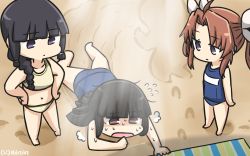 Rule 34 | 3girls, adapted costume, ahoge, alternate costume, black hair, braid, brown eyes, commentary request, dated, full body, hair ribbon, hamu koutarou, hands on own hips, hatsuyuki (kancolle), highres, kagerou (kancolle), kantai collection, kitakami (kancolle), long hair, lying, multiple girls, navel, on stomach, open mouth, orange hair, purple eyes, ribbon, sand, school swimsuit, standing, sweat, swimsuit, twintails