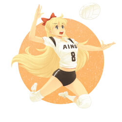 Rule 34 | 1girl, absurdres, aino minako, arm up, ball, bishoujo senshi sailor moon, black shorts, blonde hair, bow, character name, commentary, english commentary, full body, hair bow, highres, jumping, knee pads, long hair, looking to the side, open mouth, red bow, shirt, shoes, shorts, sneakers, socks, solo, sportswear, teeth, upper teeth only, volleyball, volleyball (object), volleyball uniform, white footwear, white shirt, white socks, yueliart