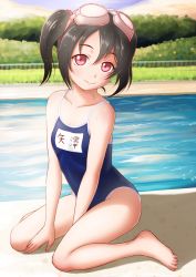 Rule 34 | 10s, 1girl, barefoot, black hair, competition school swimsuit, female focus, finalcake, goggles, goggles on head, highres, love live!, love live! school idol festival, love live! school idol project, name tag, one-piece swimsuit, poolside, red eyes, school swimsuit, short hair, sitting, solo, swimsuit, twintails, wariza, water, wet, yazawa nico
