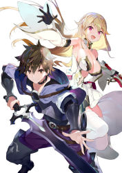 Rule 34 | 1boy, 1girl, :d, bare shoulders, black choker, black footwear, black gloves, blush, bracer, breasts, brown eyes, brown hair, choker, cleavage, collar, copyright request, detached collar, elbow gloves, gaou (umaiyo puyoman), gloves, highres, holding, holding sword, holding weapon, hood, hood down, long hair, medium breasts, official art, open mouth, pants, pink eyes, purple pants, simple background, smile, spiked hair, sword, weapon, white background, white collar
