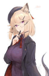 Rule 34 | :d, animal ear fluff, animal ears, arknights, black jacket, blonde hair, breasts, glasses, hair ornament, hairclip, heart, highres, holding, holding pen, io (io oekaki), jacket, large breasts, long sleeves, looking at viewer, neck ribbon, official alternate costume, open clothes, open jacket, open mouth, parted lips, pen, pen to mouth, purple eyes, red ribbon, ribbon, rimless eyewear, school uniform, short hair, simple background, smile, tilted headwear, upper body, utage (arknights), utage (disguise) (arknights), white background