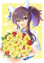 Rule 34 | 1girl, absurdres, animal ears, bead necklace, beads, bouquet, brown hair, daitaku helios (umamusume), ear covers, fang, flower, hair ornament, hairclip, hand up, happy birthday, highres, horse ears, jewelry, long hair, looking at viewer, multicolored hair, necklace, open mouth, sangria (sangria69), shirt, side ponytail, smile, solo, sparkle, twitter username, two-tone hair, umamusume, upper body, w, white shirt, yellow eyes