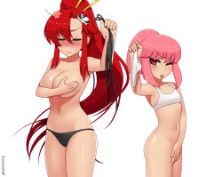 Rule 34 | &gt;:(, &gt;;p, 10s, 2girls, aged down, arm up, armpits, asymmetrical bangs, bikini, bikini top only, unworn bikini top, black bikini, blunt bangs, blush, bottomless, bra, breasts, cleavage, closed eyes, closed mouth, collarbone, covering privates, covering breasts, covering crotch, cowboy shot, crossover, embarrassed, eyelashes, flat chest, frown, hair ornament, hair stick, holding, holding clothes, holding panties, holding underwear, jakuzure nonon, kill la kill, kuroonehalf, large breasts, long hair, looking at viewer, multiple girls, navel, nose blush, panties, pink eyes, pink hair, ponytail, red hair, shiny skin, sidelocks, simple background, skull hair ornament, sports bra, standing, stomach, swimsuit, tengen toppa gurren lagann, topless, tsurime, underwear, v-shaped eyebrows, very long hair, white background, white bra, white panties, yoko littner