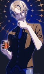 Rule 34 | 1boy, age nasuo, black shirt, black vest, blue eyes, blue necktie, buttons, collared shirt, cup, facial hair, fate/grand order, fate (series), grey hair, hand on own chin, hand up, highres, holding, holding cup, james moriarty (archer) (fate), james moriarty (gray collar) (fate), male focus, mature male, mustache, necktie, old, old man, outer glow, shirt, short hair, sideways glance, signature, sleeves rolled up, solo, tie clip, vest, wrinkled skin