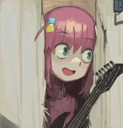 Rule 34 | 1girl, :d, blue eyes, bocchi the rock!, commentary, cube hair ornament, deent (30390450), door, english commentary, gotoh hitori, guitar, hair ornament, here&#039;s johnny! (meme), holding, holding instrument, instrument, jacket, long hair, looking to the side, meme, open mouth, parody, pink hair, pink jacket, sanpaku, scene reference, smile, solo, the shining, track jacket, upper body