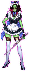 Rule 34 | 1girl, alternate costume, animal ears, animal print, animification, apron, bear print, black choker, black footwear, bow, bowtie, breasts, cat ears, chiba toshirou, choker, cleavage, colored skin, enmaided, facial tattoo, frills, full body, gamora, green skin, guardians of the galaxy, hand on own hip, hand wraps, high heels, highres, large breasts, long legs, maid, marvel, marvel cinematic universe, outline, solo, sword, tattoo, thighhighs, waist apron, weapon, white background, white thighhighs, wrist cuffs, zettai ryouiki
