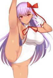 Rule 34 | 1girl, armpits, bare shoulders, bb (fate), bb (fate) (all), bb (swimsuit mooncancer) (fate), bb (swimsuit mooncancer) (third ascension) (fate), blush, breasts, dark-skinned female, dark skin, fate/grand order, fate (series), gloves, hair ribbon, highleg, highleg leotard, highres, kneepits, large breasts, leg lift, leg up, leotard, licking lips, long hair, looking at viewer, neck ribbon, purple hair, red eyes, red ribbon, renetan, ribbon, simple background, smile, split, standing, standing on one leg, standing split, tan, thighs, tongue, tongue out, very long hair, white background, white gloves, white leotard