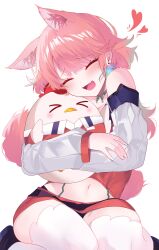 Rule 34 | &gt; &lt;, 1girl, absurdres, animal, animal ears, animal hug, blush, cat ears, cat girl, cat tail, closed eyes, commentary, detached sleeves, earrings, fang, green hair, green ribbon, heart, highres, hololive, hololive english, hug, jewelry, kfp employee (takanashi kiara), kneeling, multicolored hair, navel, neck ribbon, open mouth, orange hair, pencil skirt, ribbon, sitting, skirt, smile, symbol-only commentary, tail, takanashi kiara, takanashi kiara (1st costume), thighhighs, thighs, virtual youtuber, white background, white thighhighs, yufu