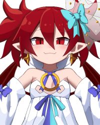 Rule 34 | 1girl, alternate costume, bow, demon girl, demon tail, demon wings, detached collar, detached sleeves, disgaea, disgaea rpg, dress, earrings, etna (disgaea), flat chest, hair bow, highres, jewelry, layered sleeves, long hair, popped collar, red eyes, red hair, saint etna, short dress, simple background, slit pupils, solo, strapless, strapless dress, tail, twintails, wings
