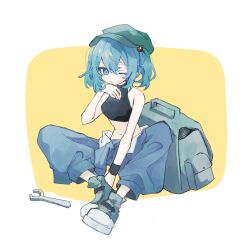 Rule 34 | 1girl, ;), alternate costume, black tank top, blue eyes, blue hair, blue pants, closed mouth, commentary request, flat cap, full body, green hat, hair bobbles, hair ornament, hat, highres, kawashiro nitori, looking at viewer, navel, one eye closed, pants, sabatuki, short hair, smile, solo, tank top, touhou, two side up, wrench, yellow background