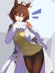 Rule 34 | 1girl, absurdres, agnes tachyon (umamusume), ahoge, animal ears, brown hair, brown pantyhose, coat, commentary, hair between eyes, highres, horse ears, horse girl, horse tail, lab coat, long sleeves, looking at viewer, open clothes, open coat, open mouth, pantyhose, red eyes, short hair, simple background, sleeves past fingers, sleeves past wrists, solo, sweater vest, tail, umamusume, umibudou, white coat, yellow sweater vest
