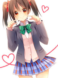 Rule 34 | 10s, 1girl, black hair, blazer, cardigan, heart, heart of string, jacket, konase (non stop!), looking at viewer, love live!, love live! school idol project, open jacket, open clothes, open jacket, red eyes, school uniform, skirt, smile, solo, string, string of fate, twintails, white background, yazawa nico