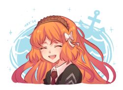Rule 34 | 1girl, black jacket, bow, brown hairband, closed eyes, collared shirt, commentary, cropped shoulders, freckles, hair bow, hairband, highres, hirayacreates, ishmael (project moon), jacket, limbus company, long hair, necktie, open mouth, orange hair, portrait, project moon, red necktie, shirt, smile, solo, teeth, upper teeth only, white bow, white shirt, wing collar