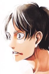 Rule 34 | 1boy, adam&#039;s apple, blood, blood from mouth, blood on face, brown hair, cleaned, collarbone, eren yeager, eyebrows, eyelashes, grey eyes, highres, isayama hajime, looking to the side, official art, open mouth, parted bangs, shingeki no kyojin, short hair, solo, teeth, volume cover, white background, wide-eyed