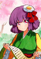 Rule 34 | 1girl, bad id, bad pixiv id, belt, breasts, cherry blossoms, closed mouth, eyes visible through hair, flower, grass, green kimono, hair flower, hair ornament, hair ribbon, hands up, hieda no akyuu, japanese clothes, kimono, long sleeves, looking at viewer, medium breasts, pink eyes, purple hair, qqqrinkappp, red belt, red ribbon, ribbon, scroll, short hair, smile, solo, touhou, traditional media, tree, white flower, yellow sleeves