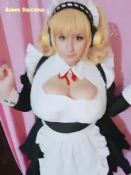 Rule 34 | 1girl, animated, asian, blonde hair, bouncing breasts, breasts, cleavage, cosplay, english text, eyelashes, fat, female focus, headphones, large breasts, looking at viewer, lowres, maid, music, photo (medium), raven nyuugao, smile, solo, sound, super pochaco, super pochaco (cosplay), video