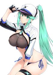 Rule 34 | 1girl, absurdres, adapted costume, artoria pendragon (fate), artoria pendragon (fate) (cosplay), baseball cap, bikini, black bikini, blush, breasts, cleavage, closed mouth, cosplay, cropped jacket, earrings, fate/grand order, fate (series), gloves, green eyes, green hair, halcon, hat, heart, highres, jacket, jewelry, large breasts, long hair, looking at viewer, matching hair/eyes, mysterious heroine xx (fate), mysterious heroine xx (fate) (cosplay), navel, nintendo, pneuma (xenoblade), ponytail, shrug (clothing), side-tie bikini bottom, sidelocks, simple background, sitting, skindentation, smile, solo, spoilers, string bikini, swept bangs, swimsuit, thigh strap, thighs, very long hair, white background, white hat, white jacket, xenoblade chronicles (series), xenoblade chronicles 2