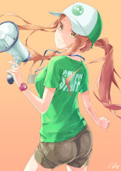 Rule 34 | 1girl, ass, back, bad id, bad pixiv id, baseball cap, breasts, brown background, brown eyes, brown hair, clothes writing, hat, highres, long hair, looking at viewer, looking back, md5 mismatch, megaphone, original, ponytail, re lucy, shirt, short sleeves, shorts, signature, simple background, smile, solo, watch, wristwatch