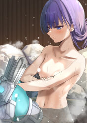 Rule 34 | 1girl, absurdres, armored boots, bare shoulders, bathing, blue eyes, blush, boots, breasts, closed mouth, collarbone, fate/grand order, fate (series), highres, kesoshirou, long hair, meltryllis (fate), navel, nude, onsen, partially submerged, purple hair, rock, small breasts, solo, steam, very long hair, water, wet