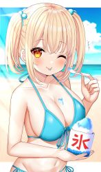 Rule 34 | 1girl, ;p, beach, bikini, blonde hair, blue bikini, blue sky, breasts, cloud, commentary request, day, food on body, food on breasts, hair bobbles, hair ornament, highres, holding, holding spoon, large breasts, looking at viewer, mizukoshi (marumi), ocean, one eye closed, original, outdoors, short hair, side-tie bikini bottom, sky, solo, spoon, swimsuit, tongue, tongue out
