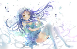 Rule 34 | 10s, 1girl, blue hair, bubble, flower, gloves, highres, hoshi ame, long hair, looking at viewer, love live!, love live! school idol project, smile, solo, sonoda umi, thighhighs, yellow eyes, yume no tobira
