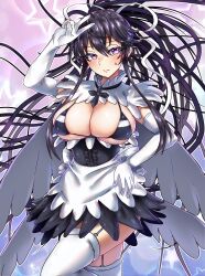 Rule 34 | 1girl, absurdres, angel wings, apron, arm up, bikini, bikini top only, black bikini, black dress, black hair, breasts, cleavage, closed mouth, detached collar, dress, ebora, elbow gloves, fake wings, fallen angel ero maid costume, garter straps, gloves, hair ribbon, hand on own hip, highres, kanzaki kaori, large breasts, leg up, looking at viewer, maid, maid apron, maid bikini, official alternate costume, ponytail, purple eyes, ribbon, simple background, solo, standing, standing on one leg, star (symbol), sweatdrop, swimsuit, thighhighs, toaru majutsu no index, unconventional maid, v, white gloves, white ribbon, white thighhighs, wings