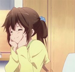 Rule 34 | 10s, :t, animated, animated gif, apron, arm support, brown hair, chuunibyou demo koi ga shitai!, closed eyes, green eyes, hair ribbon, long hair, lowres, open mouth, ponytail, ribbon, smile, solo, togashi yuuta&#039;s mother